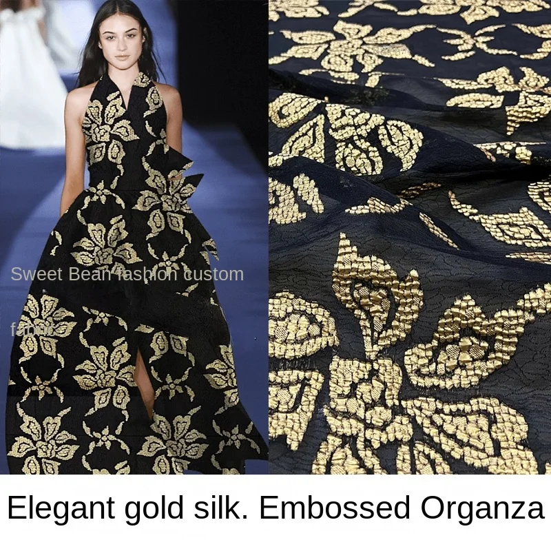 

Elegant gold wire three-dimensional relief jacquard organza dress fabric flower dyed fabric