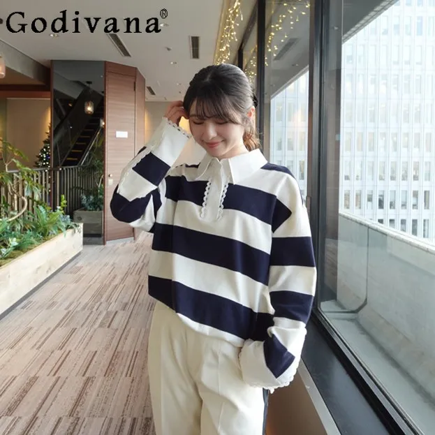 

Japanese Style Sweet Casual Striped Long Sleeve T-Shirt Spring New Girls' Loose Slimming Polo Collar Shirts Women's Top Spring
