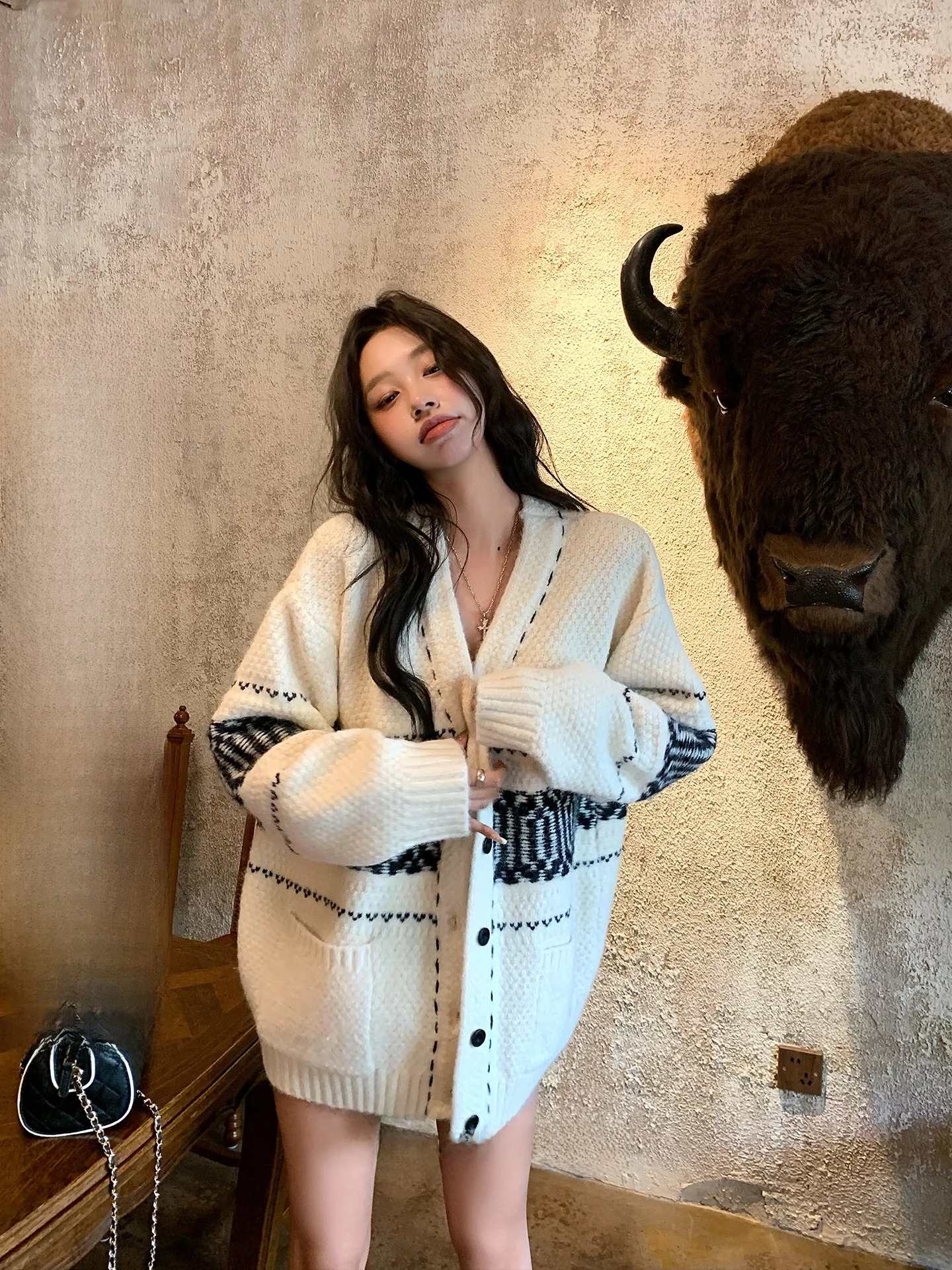 

Autumnal Lazy Sle Knitted Sweater Jaet Women's V-Ne Loose Fit Soft Open Cardigan Top Warmth Retaining Long Sve