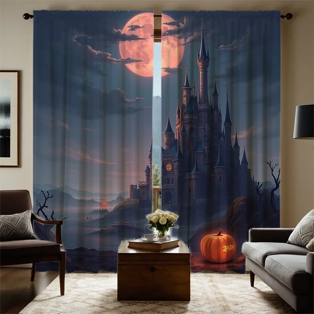 2pcs Halloween Castle & Pumpkin Print Curtains - Full Moon & Full Moon Design, Semi-Transparent Polyester Fabric, Rod Pocket for