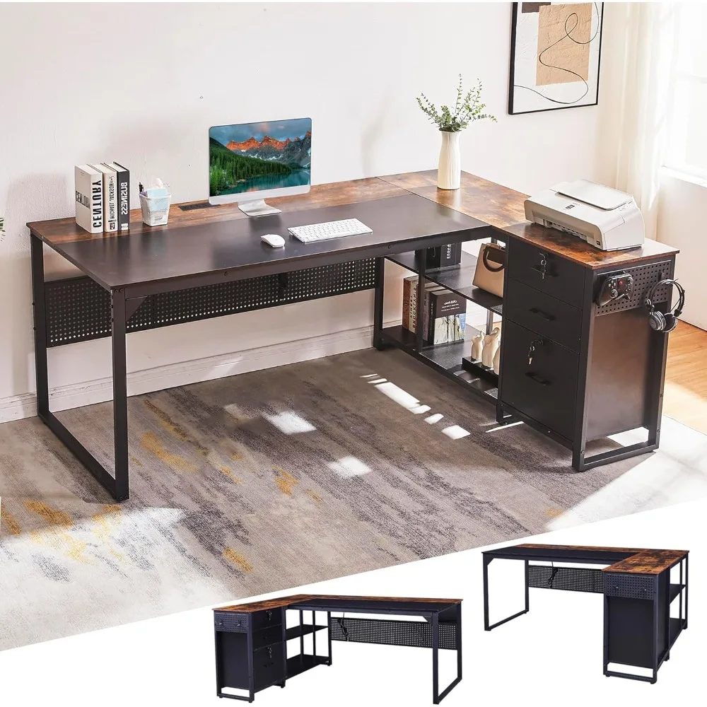 

70 inch reversible L-shaped office desk, executive desk with power outlet, lockable file drawers and storage rack
