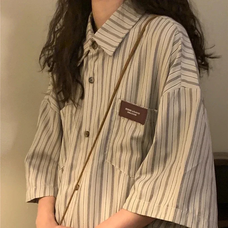 Vintage Striped Women with Tie Blouses Harajuku Oversized Loose Preppy Tops Japanese Summer Fashion Long Sleeve Shirts New