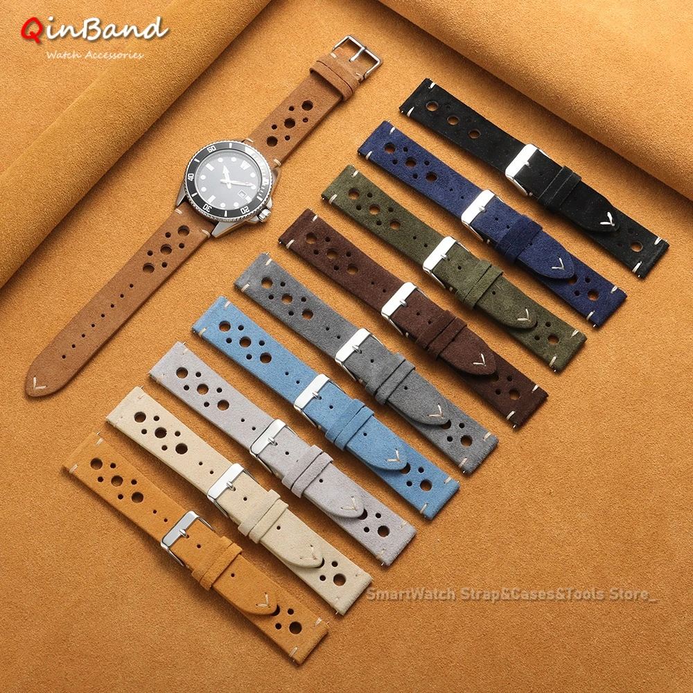 Vintage Porous Suede Leather Watch Strap Quick Release Calfskin Watchband 18/19/20/21/22mm Replacement Bracelets with Pin Buckle