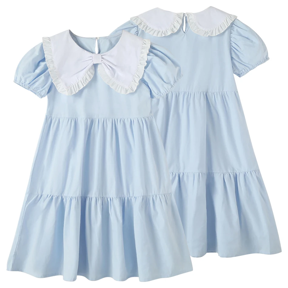 Adorable Kids Cotton Summer Bow and Puff Sleeves Dress Girls Picnic and Play Dates Dress Soft Comfortable Girls Casual Dresses