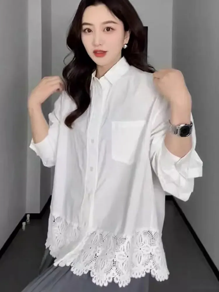 

Lace Splicing Long Sve Pure Color Loose Women's irt Faionable Ele ular Spring Commute Sle Korean Version