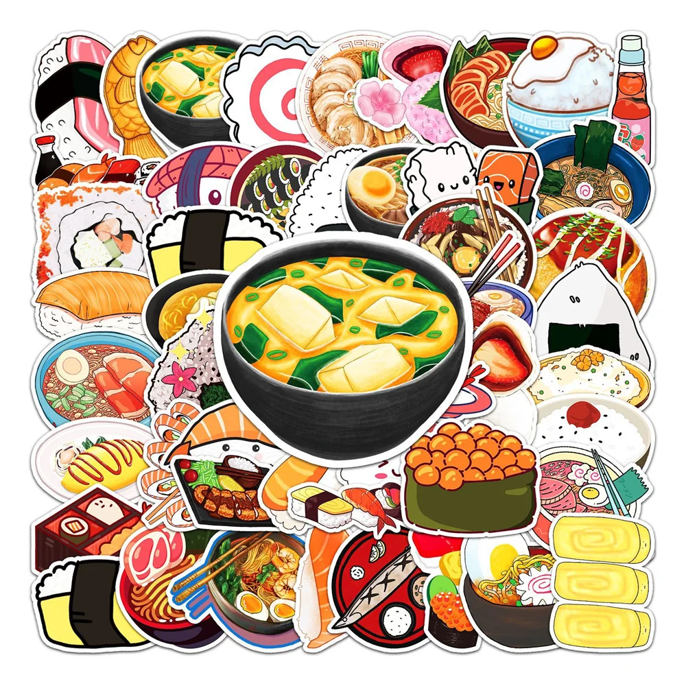 50PCS Cartoon Japanese Food Sushi Ramen Personalized Creative Stickers Guitar TableCar Computer Skateboard Waterproof Decoration