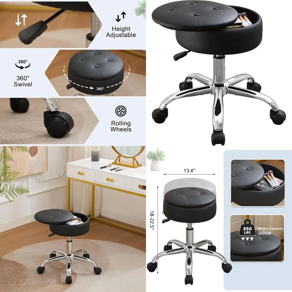 

Регулируемый по высоте вращающийся стул для макияжа с местом для хранения, черный кожаный стул на колесиках