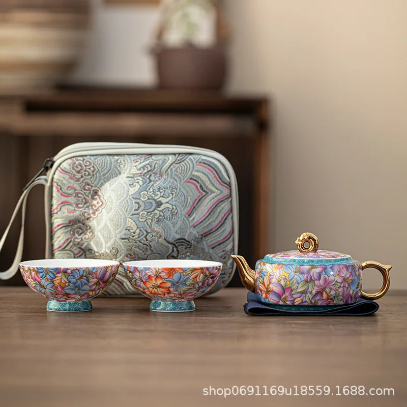 Chinese Style White Porcelain Tea Set, Travel Camping, One Tea Pot, Two Tea Cups Enamel Colored Gift Outdoor Camping Storage Bag