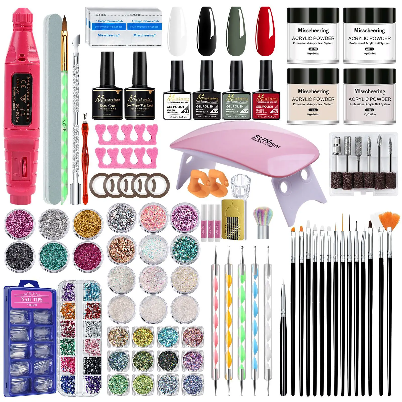 Conjunto de nail art para iniciantes com kit de broca para unhas e pó cromado para uso doméstico