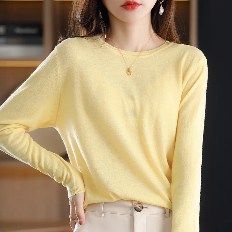 100% Merino cashmere Fall/winter new women's sweater crewneck jumper Fashion solid color light luxury warm knit base shirt