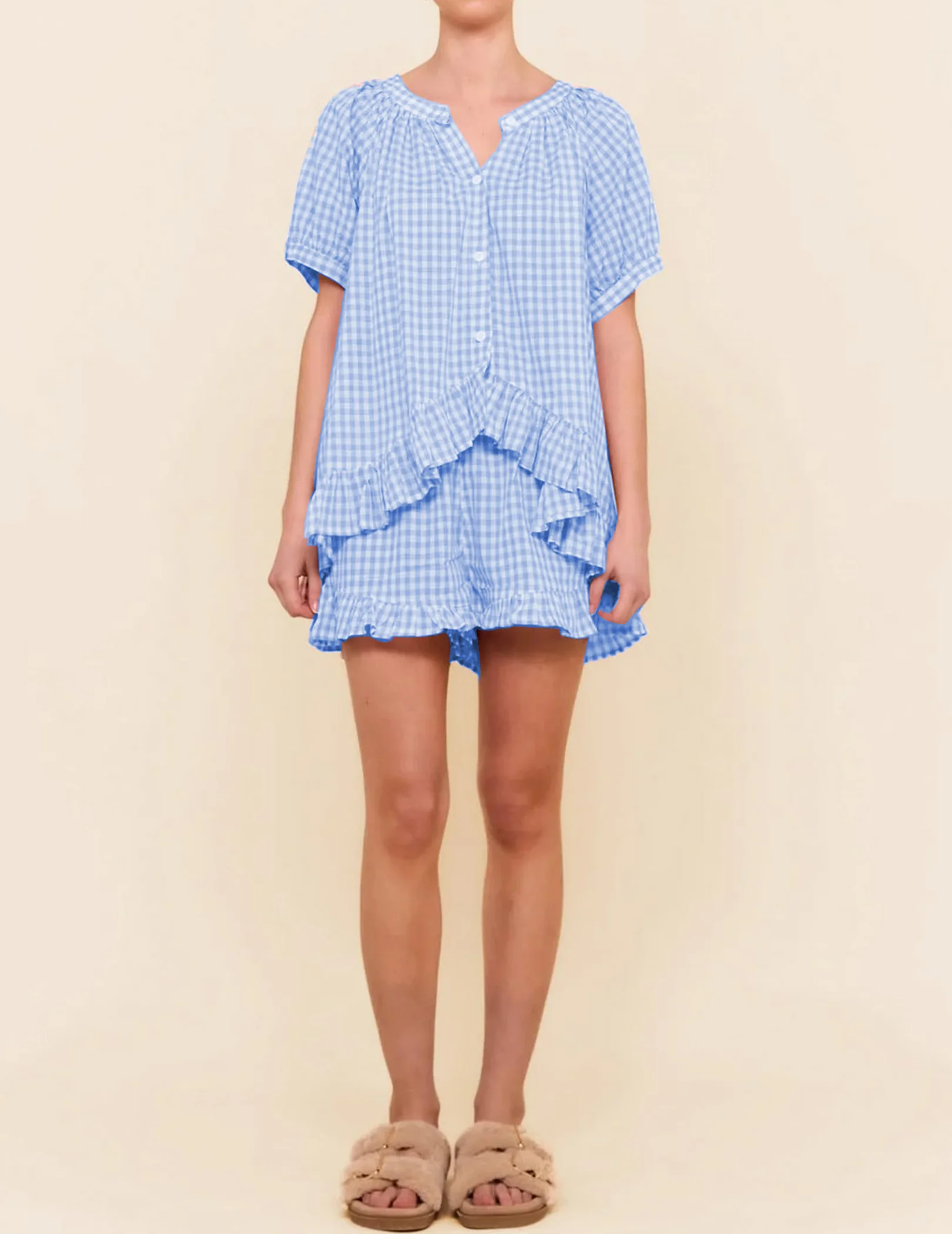 

Womens 2 Piece Ruffle Gingham Pjs Short Sleeve Button Lounge Sets (Blue S)