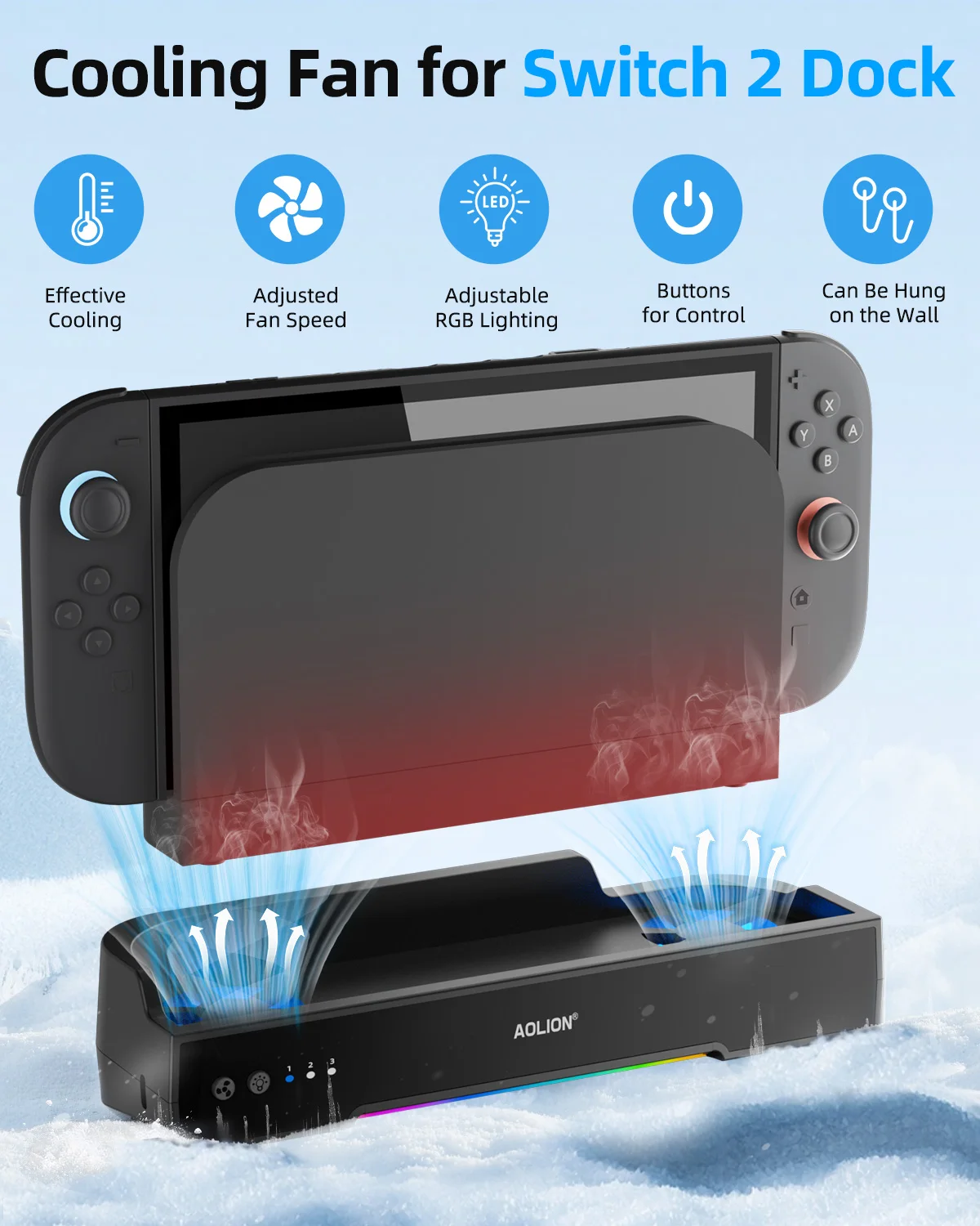 Aolion For Switch 2 Dock RGB Cooling Fan Portable HUB Expansion Base Wall Mount With NGC For Switch 2 Accessories