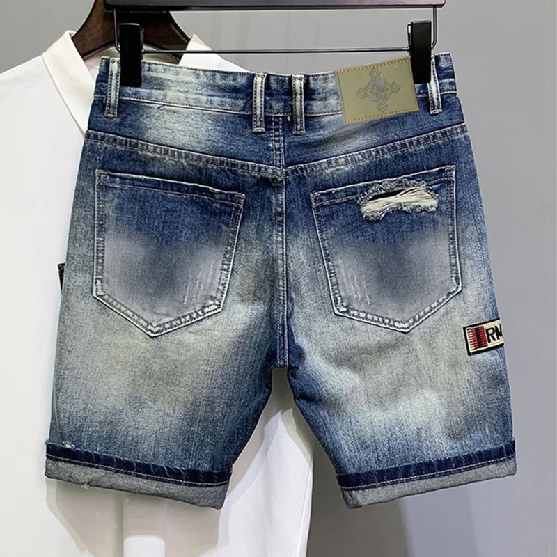 Ripped Embroidered Denim Shorts Men's Hip-hop Rock Patchwork Moto Jeans Loose Casual Streetwear Knee Length Hole Summer Shorts