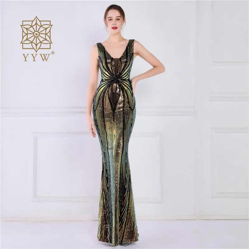 

Sexy Women Even Dress Sequin Deep V Sleeveless Beading Robes Maxi Long Formal Party Evening Prom Gown Graduation Special Dresses