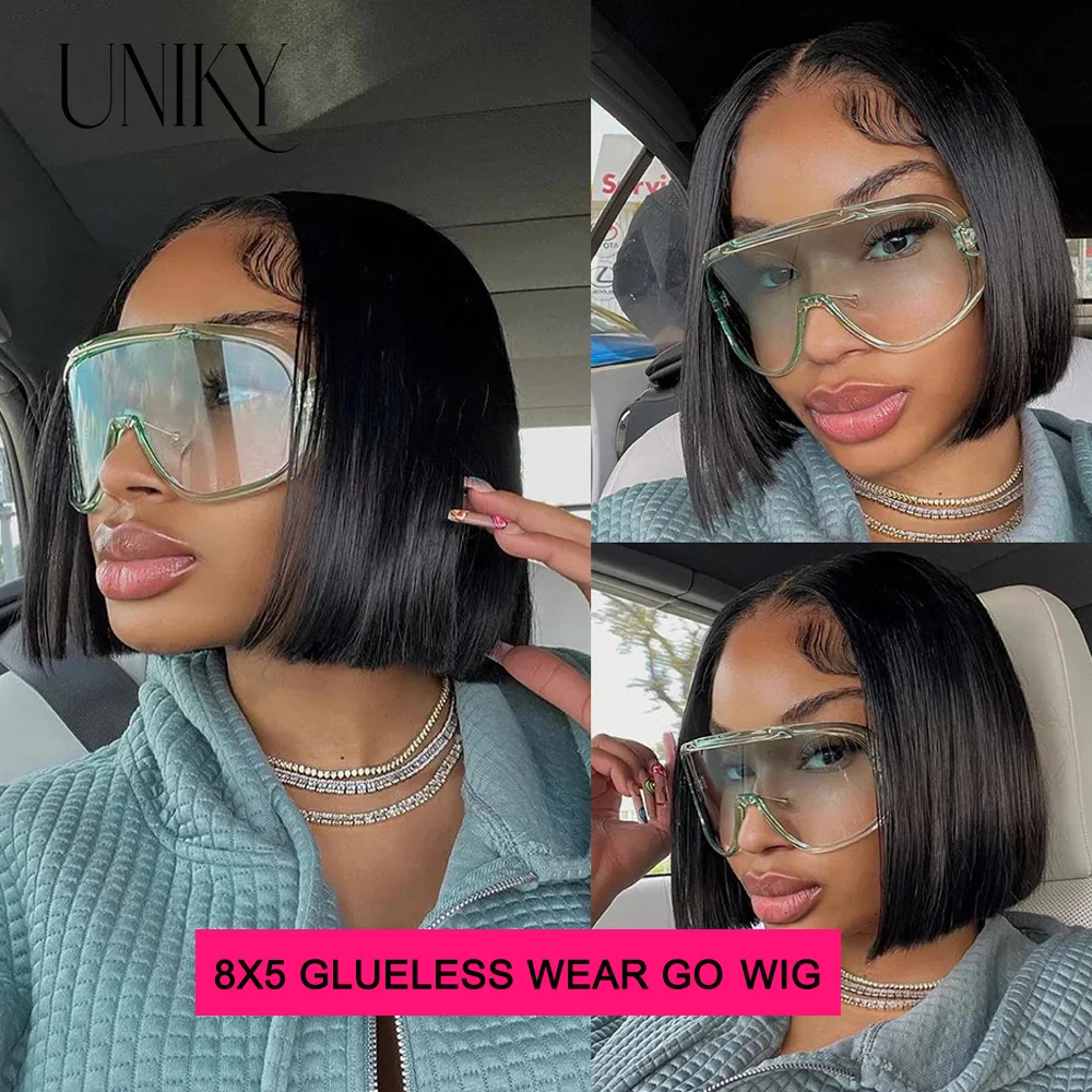 

Wear Go Glueless Wig 10 12 Inch Bone Straight 8x5 HD Lace Frontal Wig Human Hair Pre plucked 6x4 Transparent HD Lace Front Wig