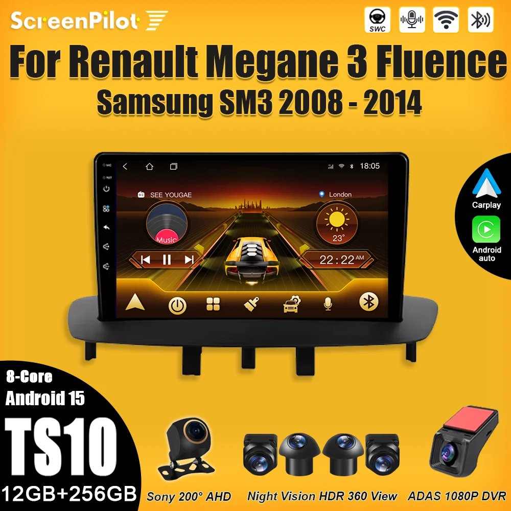 

Android 15 For Renault Megane 3 Fluence Samsung SM3 2008-2014 Car Radio Multimedia Video Player Carplay Wifi 5G Bluetooth 2 din