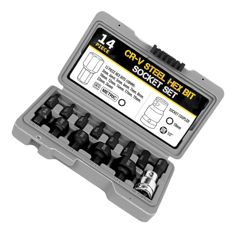 ชุดซ็อกเก็ตแรงกระแทกไดรฟ์ A2UD 1/2-inch ชุดซ็อกเก็ต 14 ชิ้นบิตไดรฟ์หกเหลี่ยมชุดซ็อกเก็ตขนาด นิ้วชุดอัลเลนคีย์ในกรณี 3-24 มม.