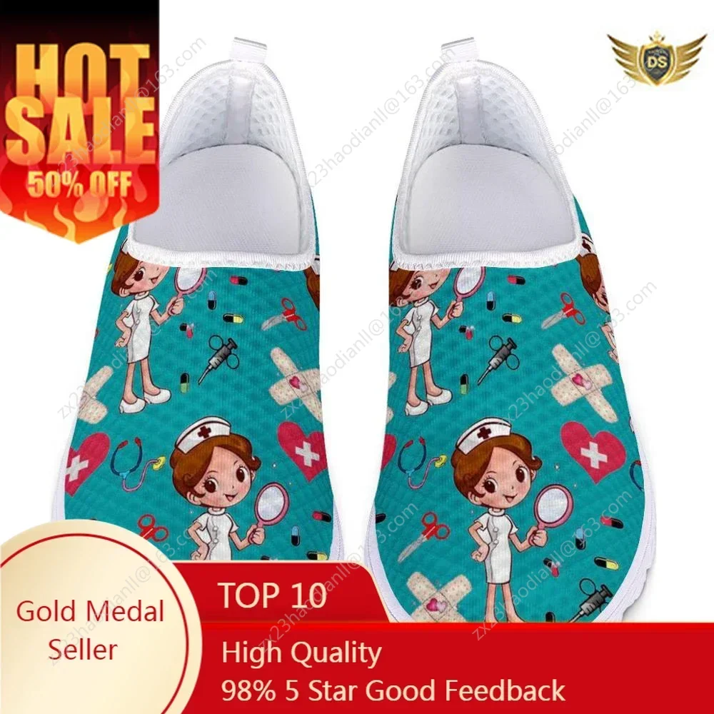 

New Cartoon Nurse Doctor Print Women Sneakers Slip On Light Mesh Shoes Summer Breath Flat Shoes Zapatos planos Mujer