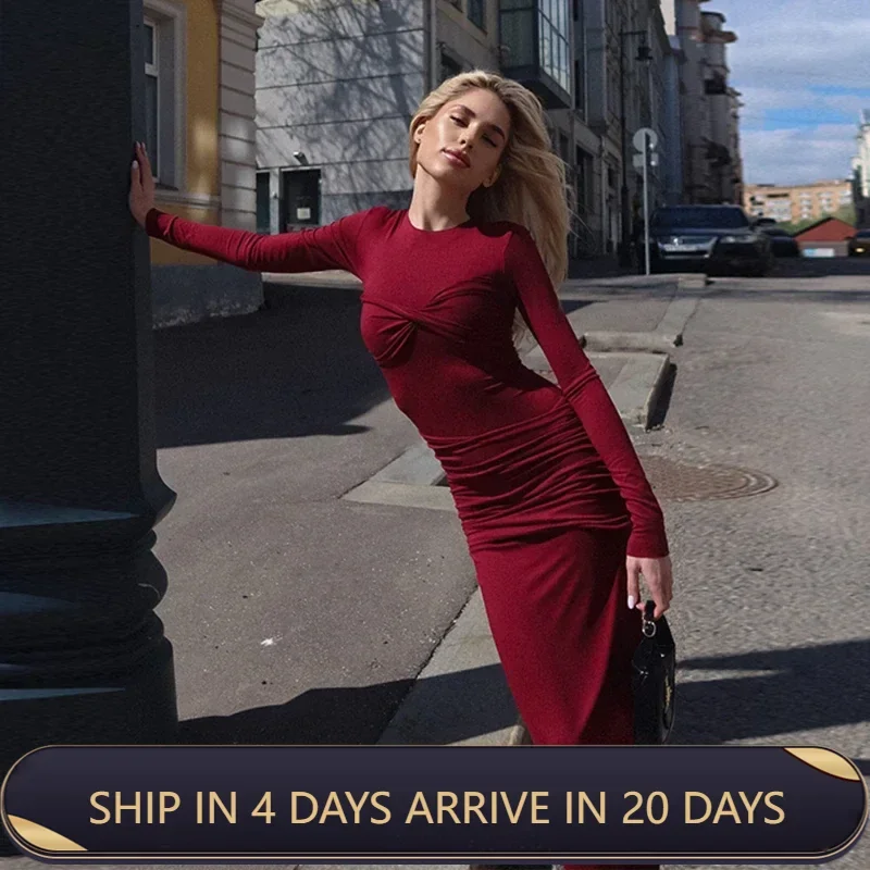 2024 Trendy Fashion Women's New Solid Color Fashion Slimming Round Neck Long Sleeve Shrink Fold Bag Hip Long Dress