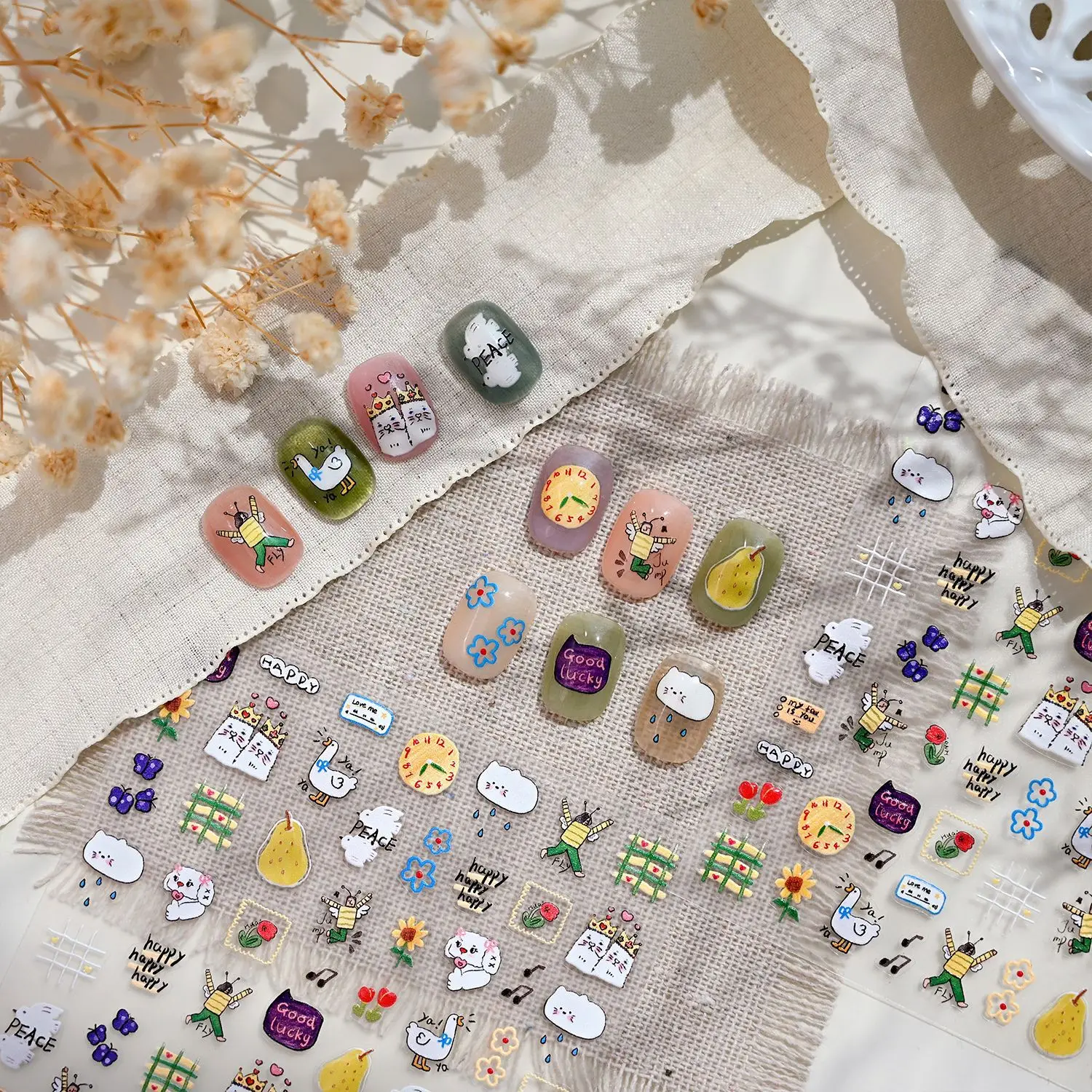 Cute Bear Cat Nail Stickers Sweet Childlike Heart Rainbow Doodle Waterproof Non Toxic Premium Self Adhesive Easy Apply