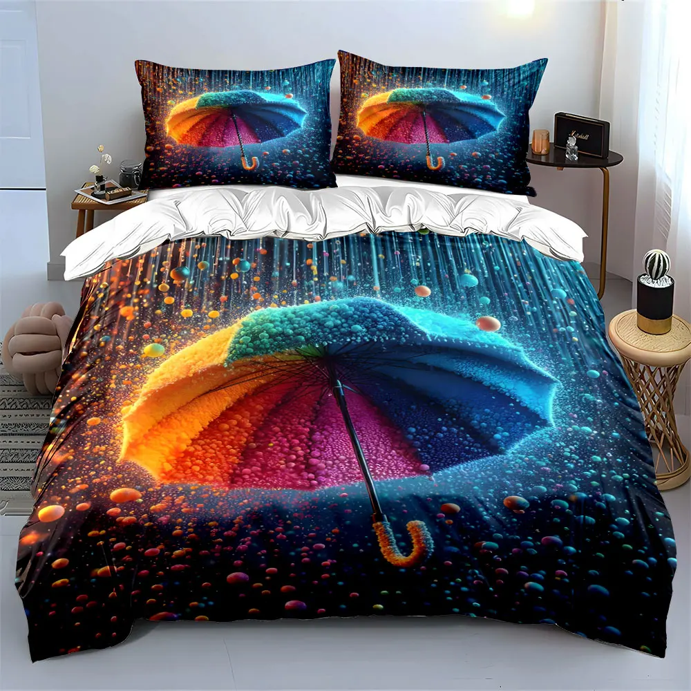 Colorful Umbrella and Dreamy Particle Rain Bedding Set for Kids Luxury Gift 3pcs Digital Print Comforter Set Soft Comfortable