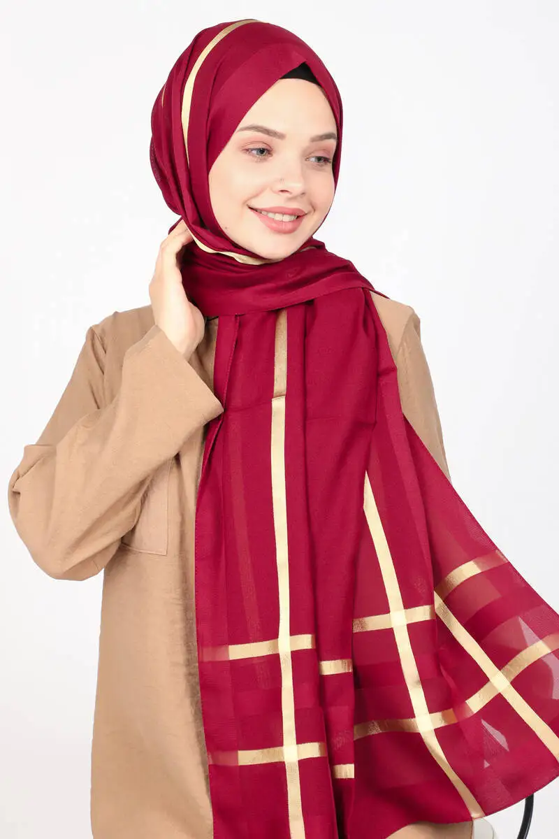 Miray Thick Striped Flush Chiffon Pashmina Burgundy/Gold