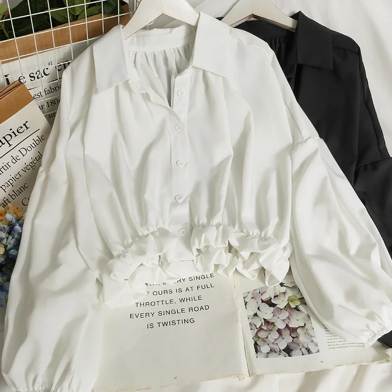 

Pop Sweet Office Lady Retro Blouse Women's White Long Sleeve Shirt With Ruffle Drawstring Waist Korean Chic Elegant Button Down