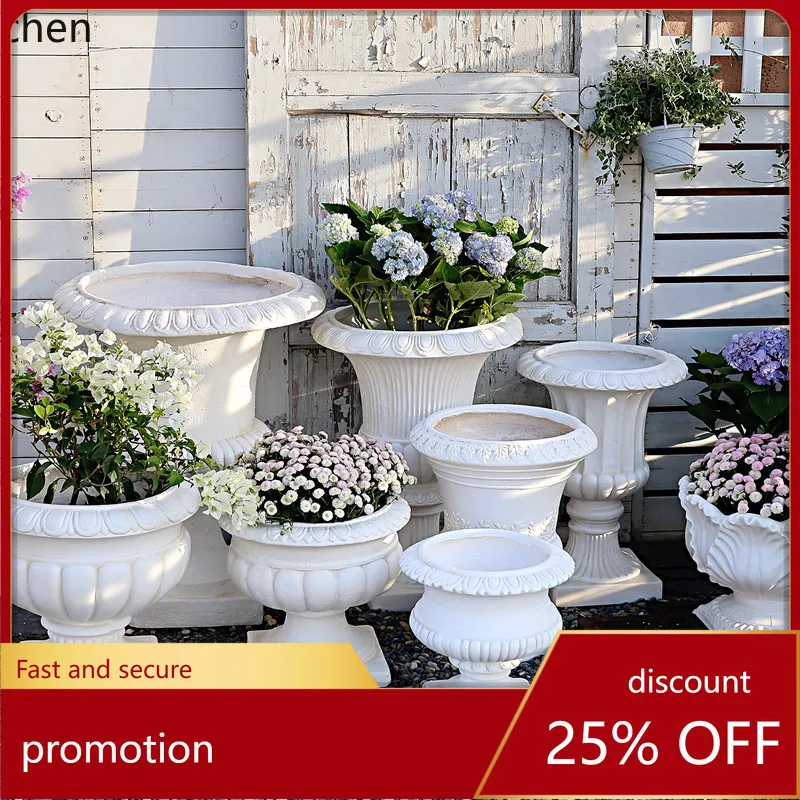 HT Retro Roman Flower Pot Large Diameter Trophy  Plant Pot Floor High Pot Courtyard Garden Balcony Decoration