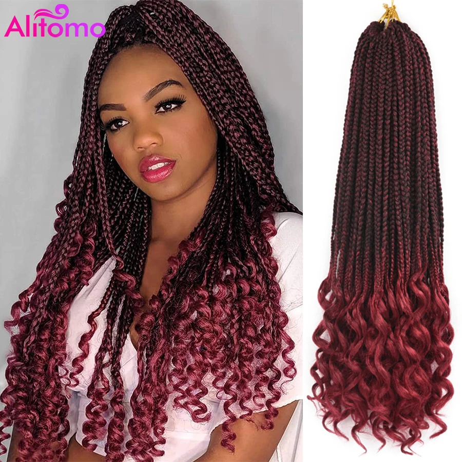 Alitomo Goddess Box Braids Crochet Hair Synthetic Pre-looped Bohemian Boho Box Braids With Curly Ends 3X Braiding Hair for Women