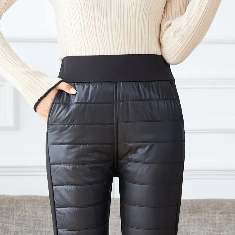 سراويل مبطنة مع جيوب عالية الخصر سراويل نسائية مستقيمة الساق بلون مرقع سميكة لفصل الشتاء TT298 #4