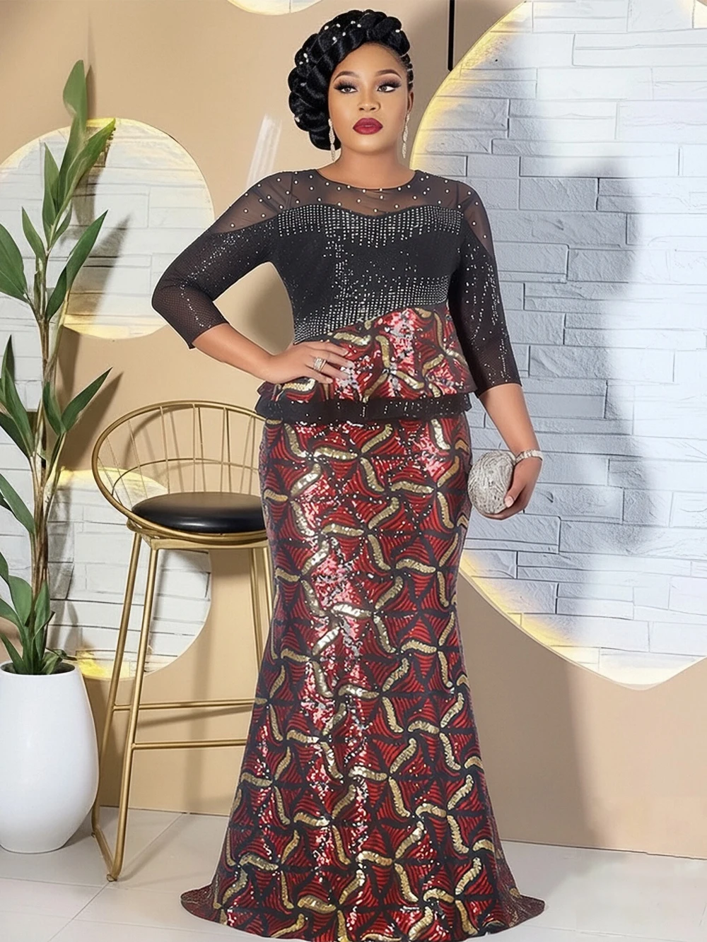 Luxury Evening Long Dresses For Women Wedding Party Mermaid Gown African Dashiki Sequin Long Dress Elegant Ladies Clothing Robes