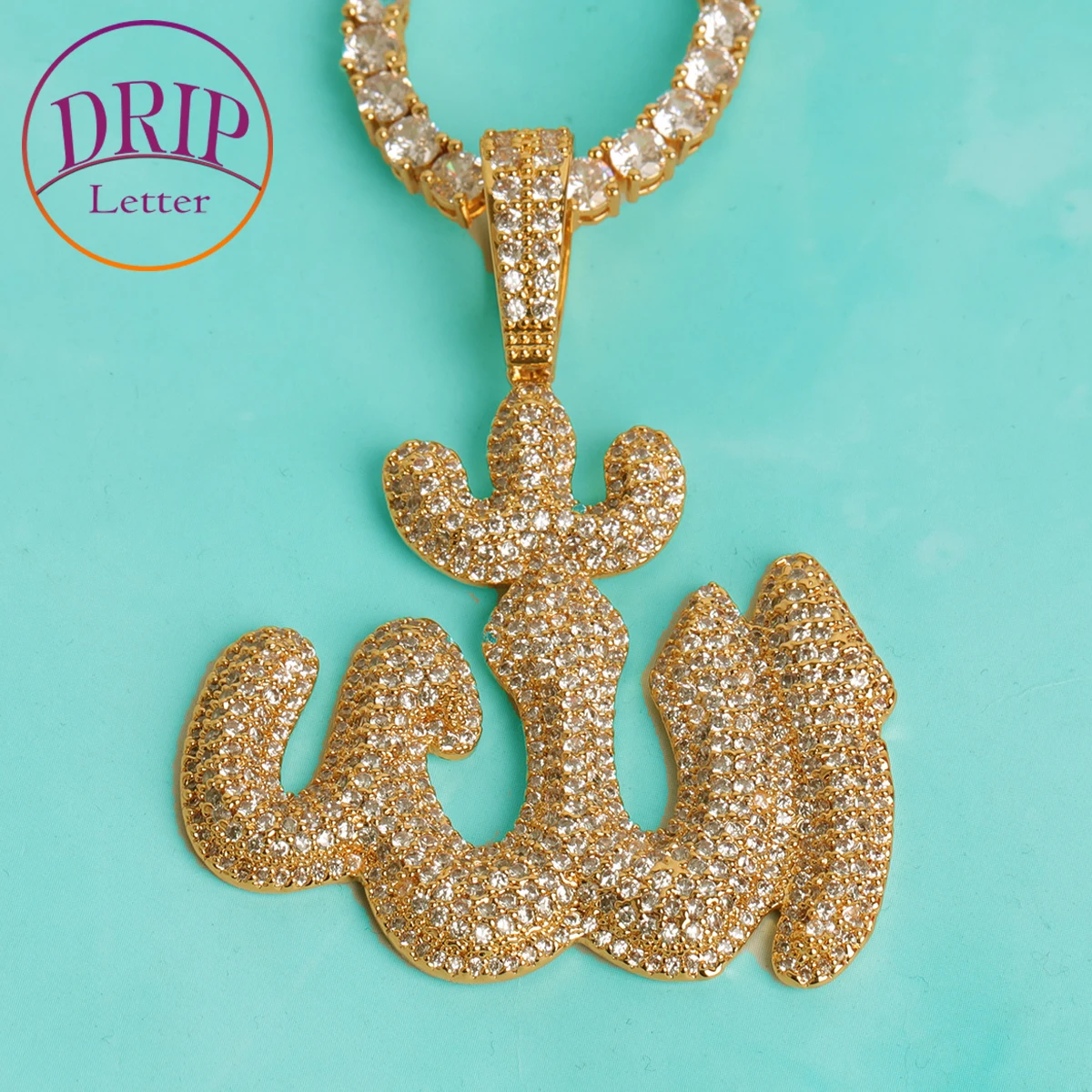 

Drip Letter Iced Out Allah Pendant Necklace for Men Real Gold Plated Hip Hop Jewelry Unique Charms 2022 Trend