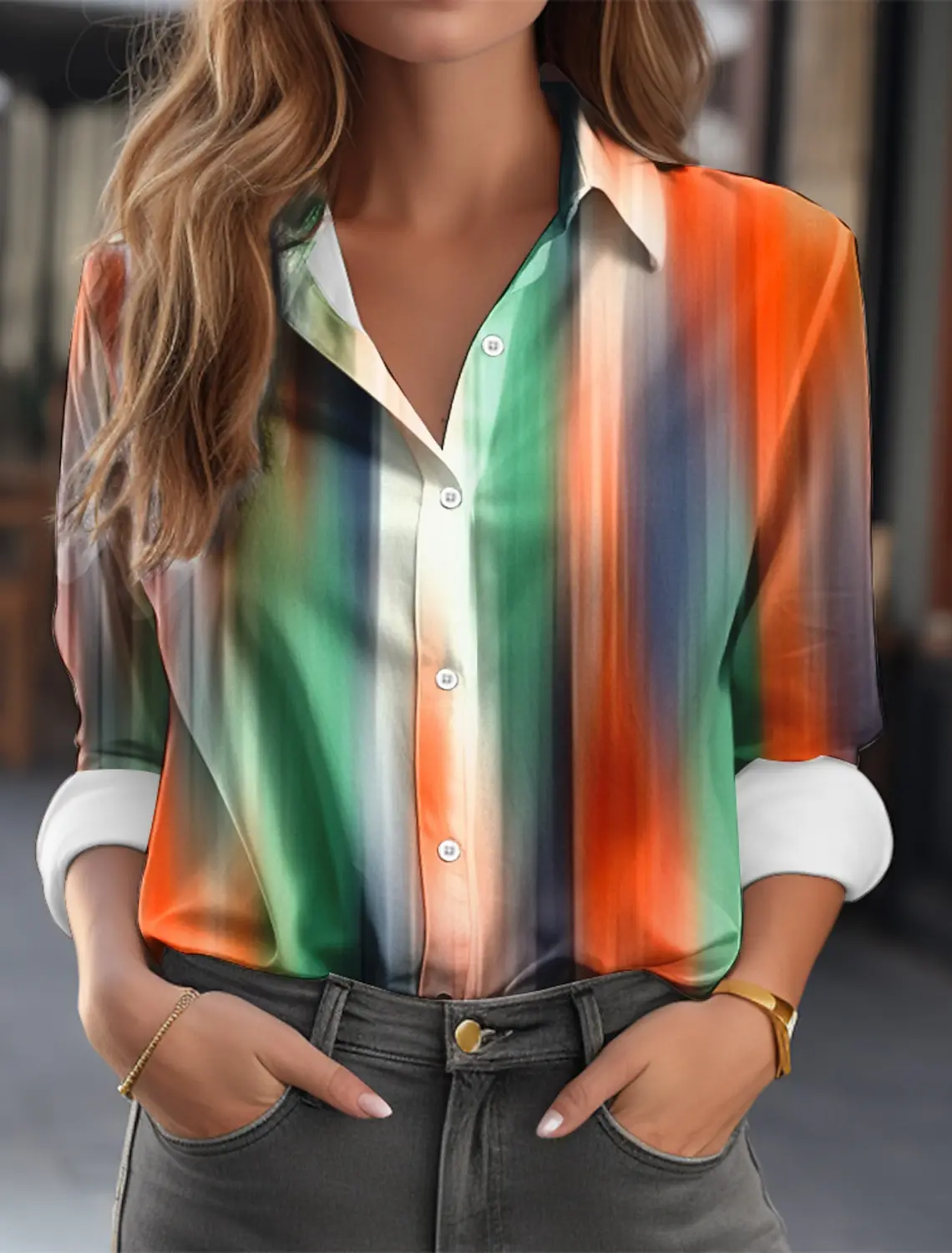 Women's Fashion Color Block Buttons Blouse Lapel Neck Blouse Womens Long Sleeve Shirts Womens Clothing Female Clothing