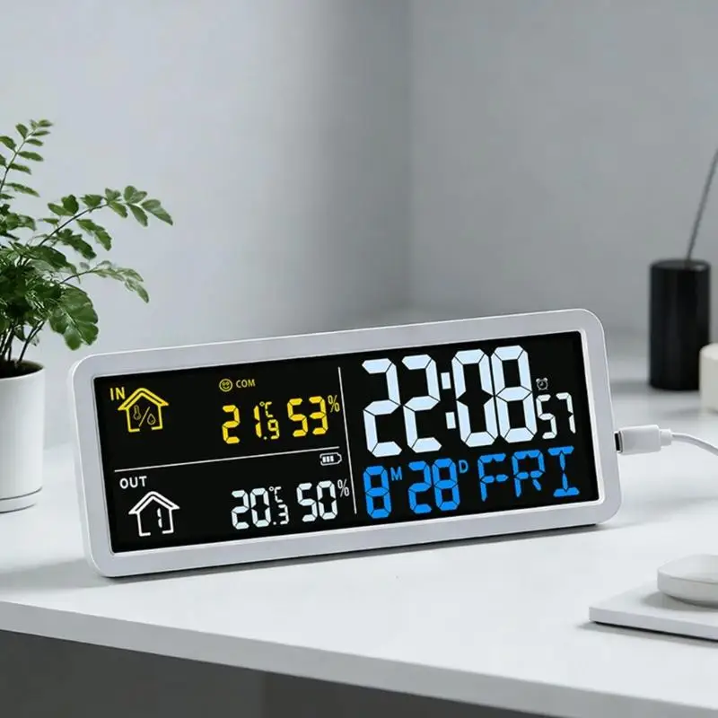 Multifunction LCD Wall Clock With Indoor and Outdoor Temperature Humidities Monitor And Modern Design High Accuracy 