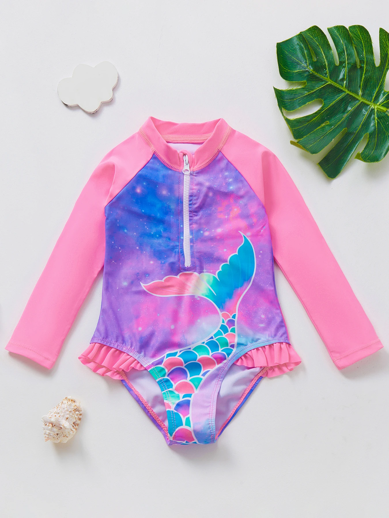 Mermaid Fish Scale Girls Rash Guard Set One Piece Swimwear for Kids