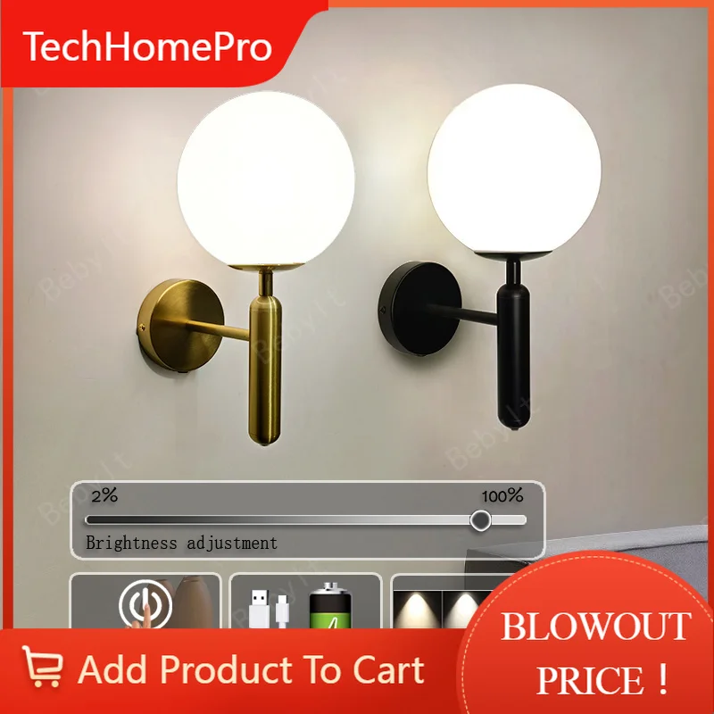 TechHPTouch Charging Wall Lamp No Wiring Required Dimming Tri Color Lamps For Living Room Bedroom Study Mirror Bedside LED Wall