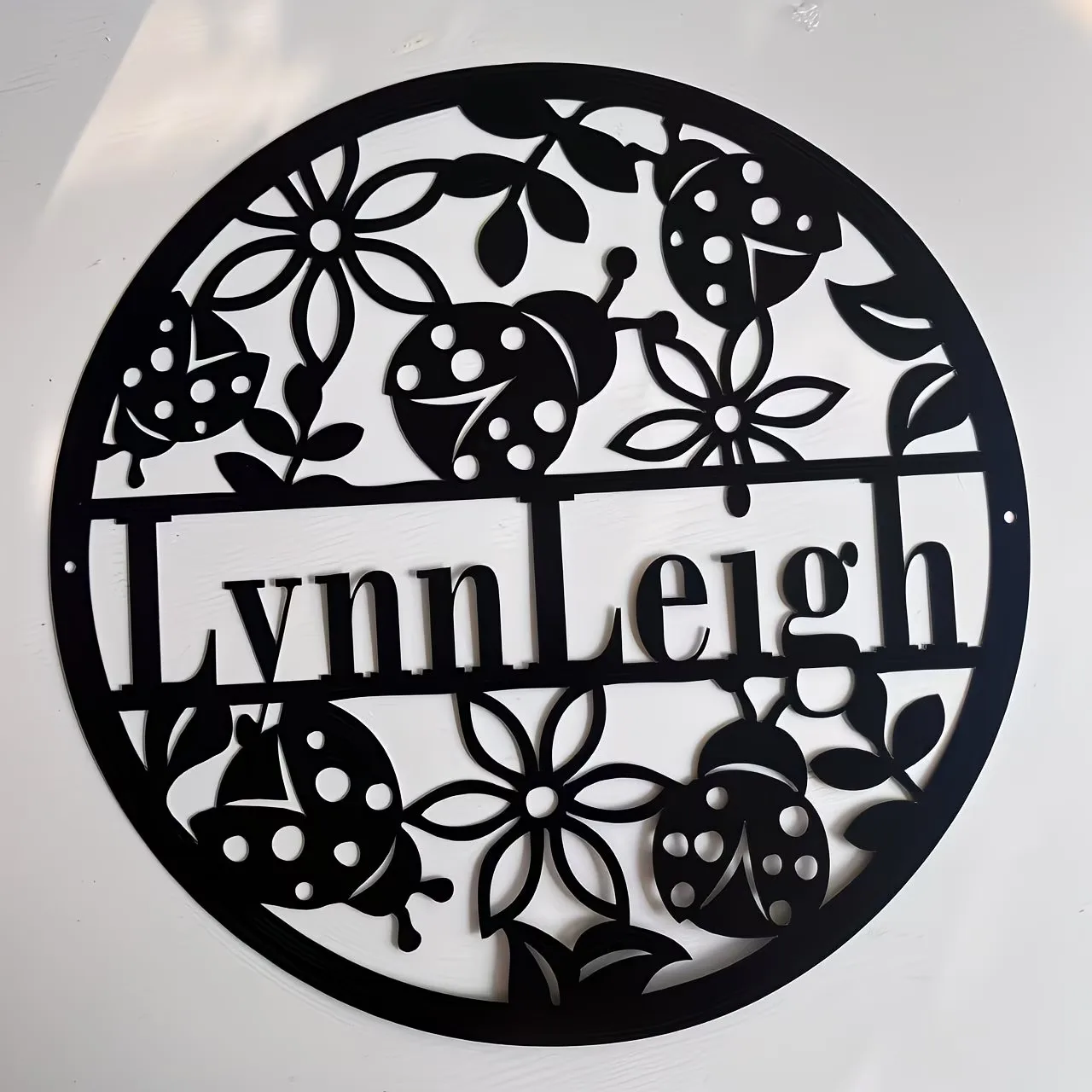 Custom Ladybug & Floral Metal Wall Art - Personalized Name Design, for Indoor/Outdoor Use - Ideal for Home, Garden, Office