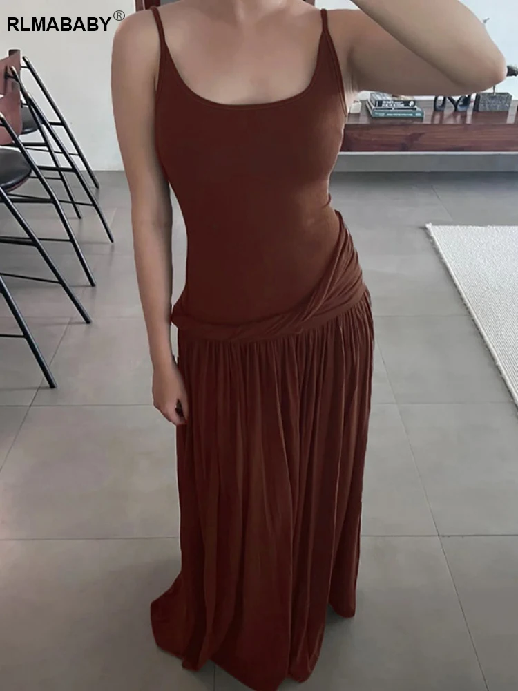 RLMABABY مثير السباغيتي حزام عارية الذراعين الملتوية Ruched المرأة Bodycon فستان طويل بلا أكمام منخفضة الرقبة الشارع الشهير غمد فستان ماكسي #1