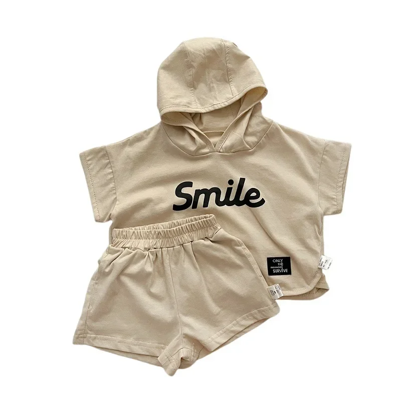 

Summer Korean Baby Clothes Boys Pure Cotton Hooded Short-sleeved Tops Cute Sweatshirts Two-piece Suits Thin Split