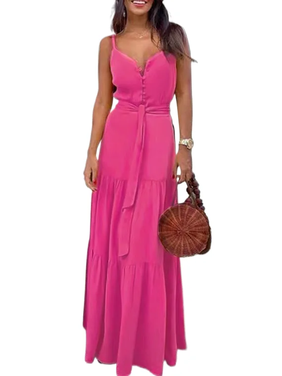 

Casual V Neck Off Shoulder Slip Maxi Dress Woman Spring Summer Fashion Elegant Solid Lace Up Sleeveless Dresses For Women 2023