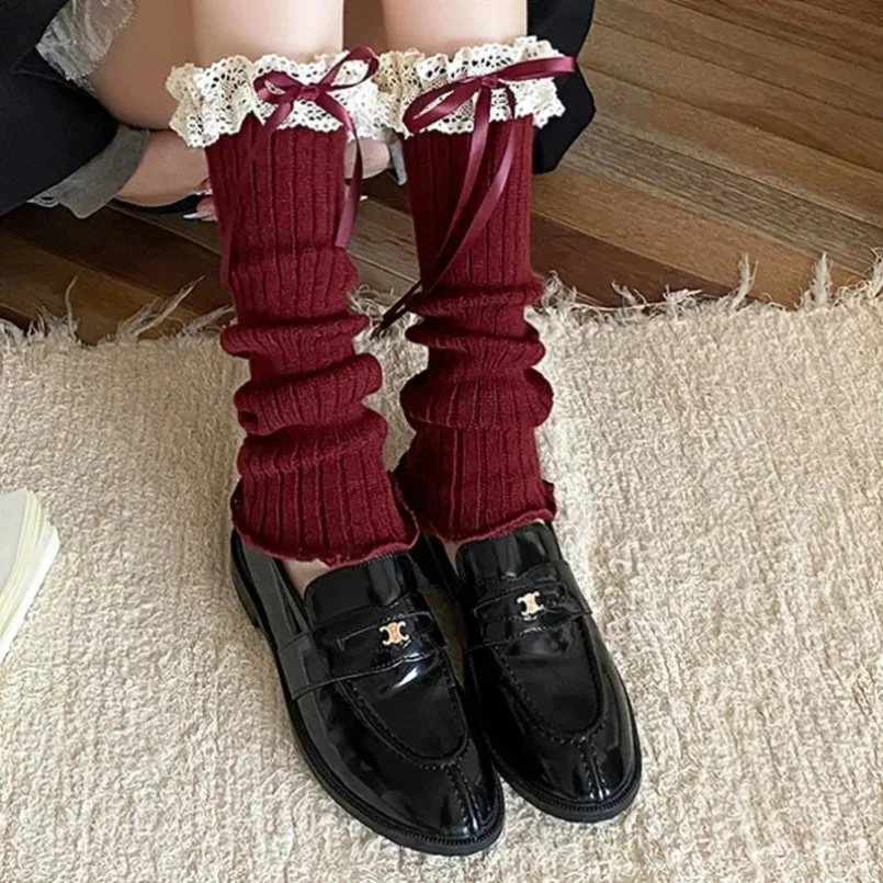 Gaiter Womens Leg Warmers Ankle Bow Winter Warm Stretch Knitted Thermal Ladies Thick Wool Cuff Boot Socks Red Calf Female Lolita