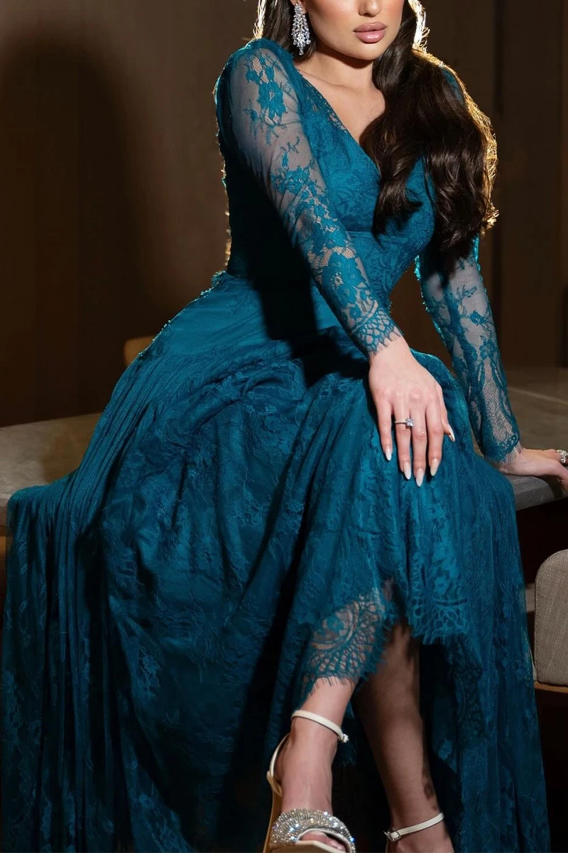 

Jirocum Elegant Vintage Sexy Lace Peacock Blue V-Neck A-Line Customized Formal Occasion Prom Dress Evening Party Gowns