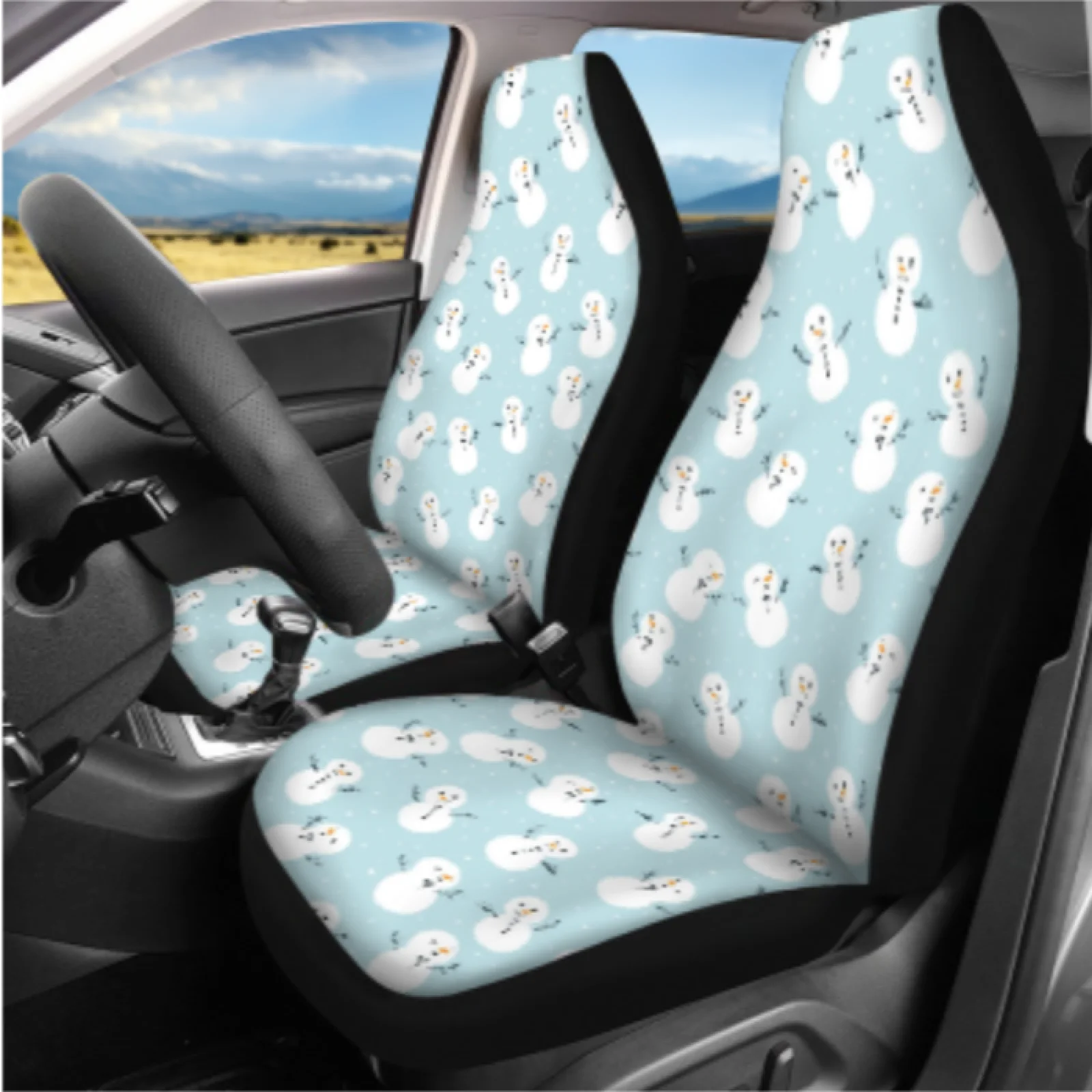Coloranimal Snowman Pattern 14 Pieces Automobile Seat Covers Set with Full Set Auto Cup Holder Mat and Key Fob for Car Interior