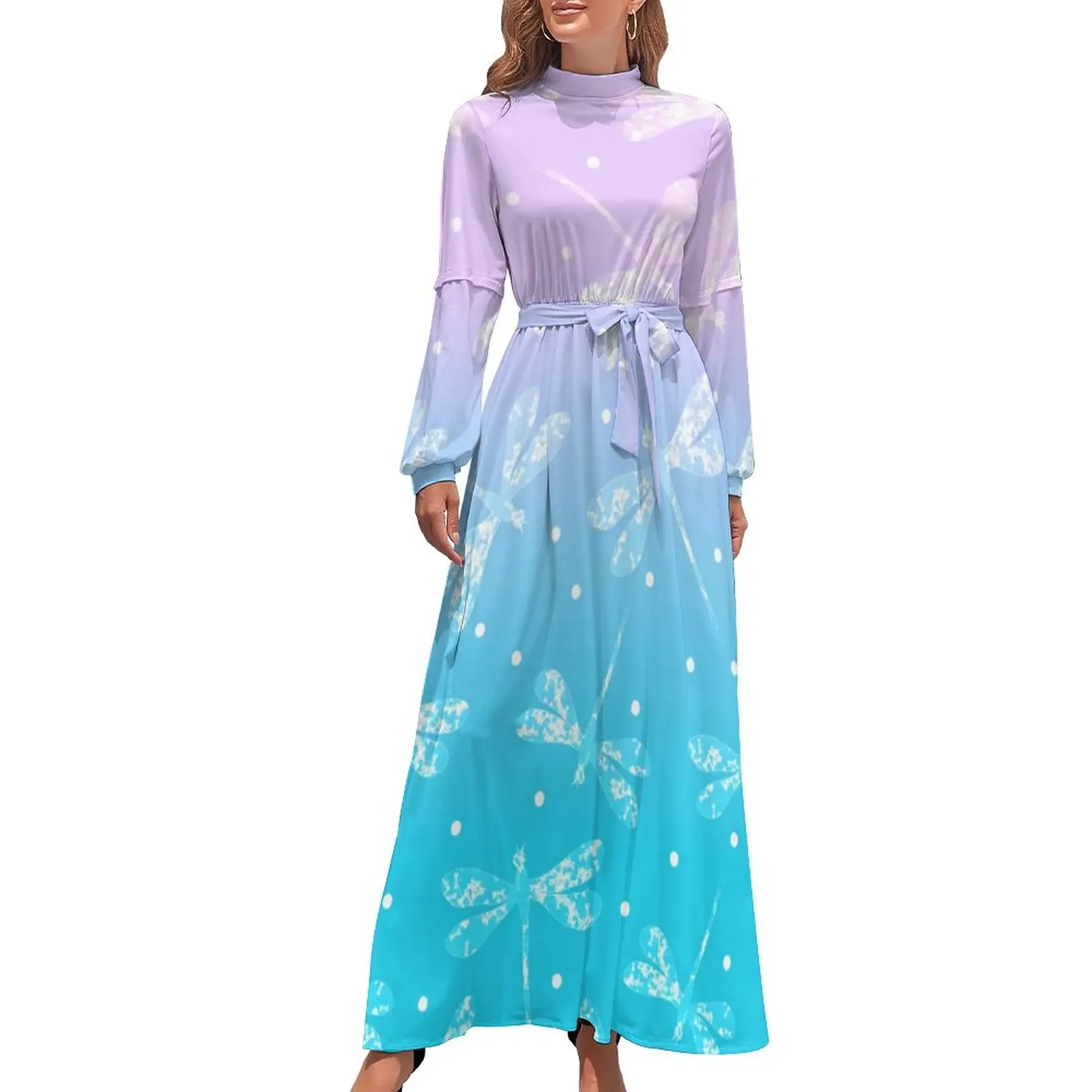 Pink Aqua Ombre Dress Dragonflies Print Elegant Printed Maxi Dress High Waist Long Sleeve Basic Boho Beach Long Dresses