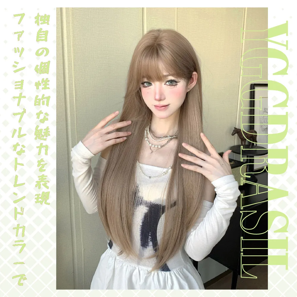 باروكة صناعية بنمط كلاسيكي بني ذهبي فاتح بطول 30 بوصة مع غرة شعر طبيعي طويل مستقيم للنساء للاستخدام اليومي مقاوم للحرارة #3