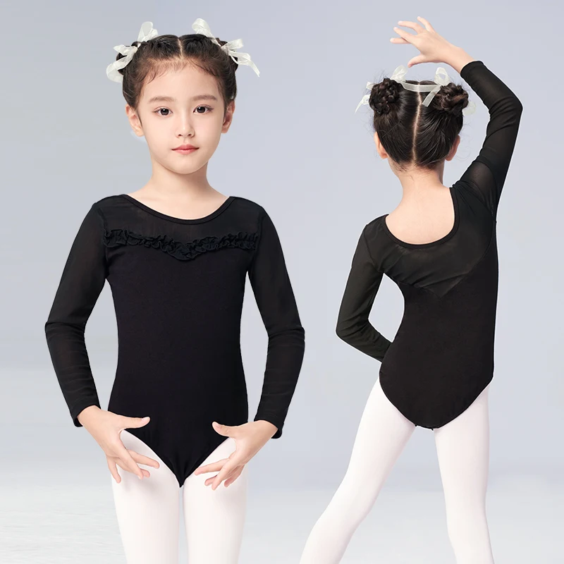 Ballet Leotards for Girls Lacy Long Sleeve Dance Bodysuit Kid Soft Mesh Splicing Practice Gymnastics Bodysuits Ballet Costumes