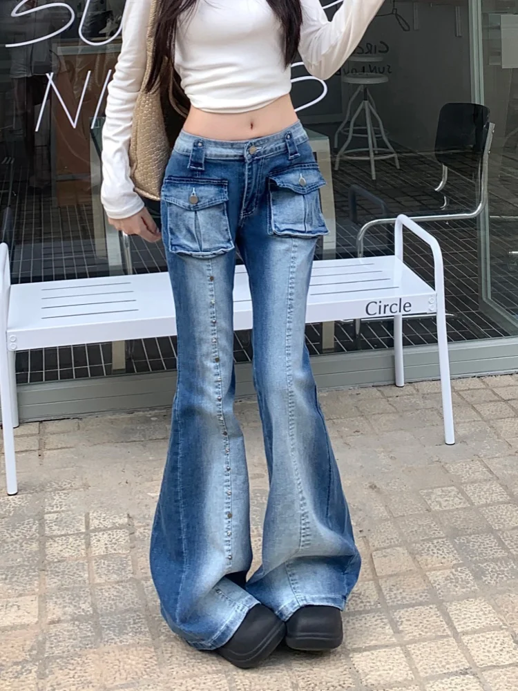 

Trashy Y2K 2000S Washed Blue Low Rise Slim Rivet Flare New Jeans Pants For Women 90S Vintage Clothes Fashion Lady Denim Trousers