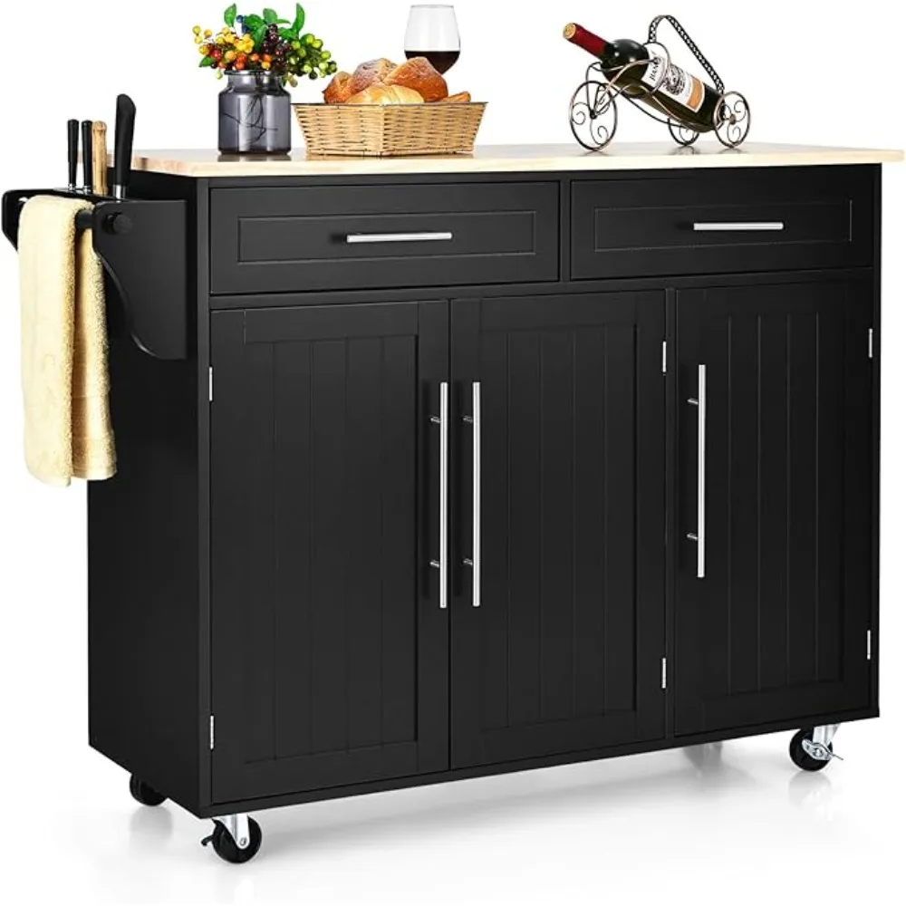 Kitchen Island Cart, Rolling Trolley with Lockable Casters, 2 Large Drawers, 3 Door Storage Cabinet, Towel Handle