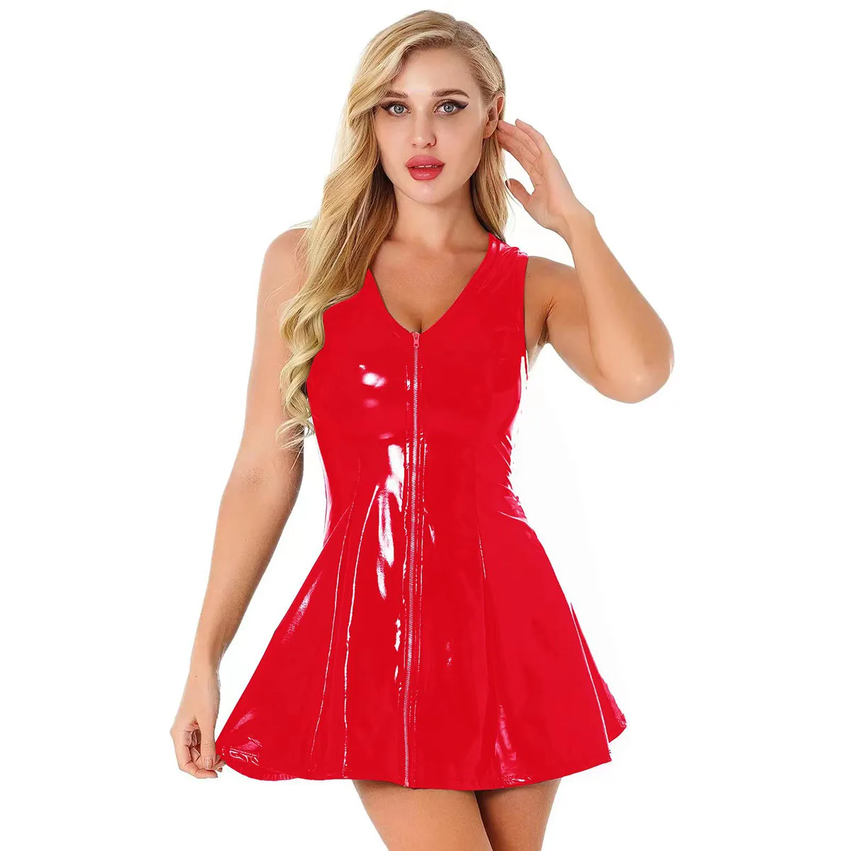 Women Glossy Tank Leather Dress Sleeveless Shiny Latex Pleated Umbrella Skirt Erotic Below Hot Porn Zipper Open Breast Exposing