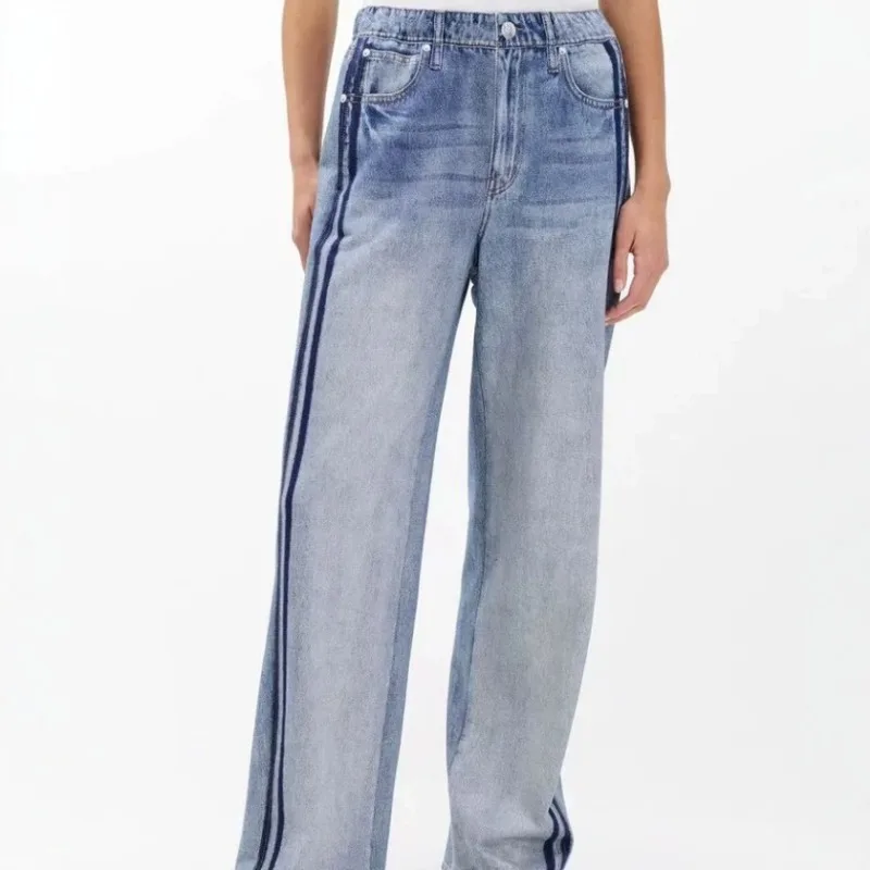 2026 Spring/Summer New Elastic Middle Waist Printed Cowboy Striped Wide Leg Women Leisure Pants